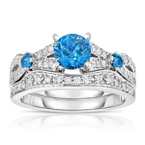 1.60 cttw 3 Stone Blue and White Diamond Engagement Ring 14K White Gold Size 7