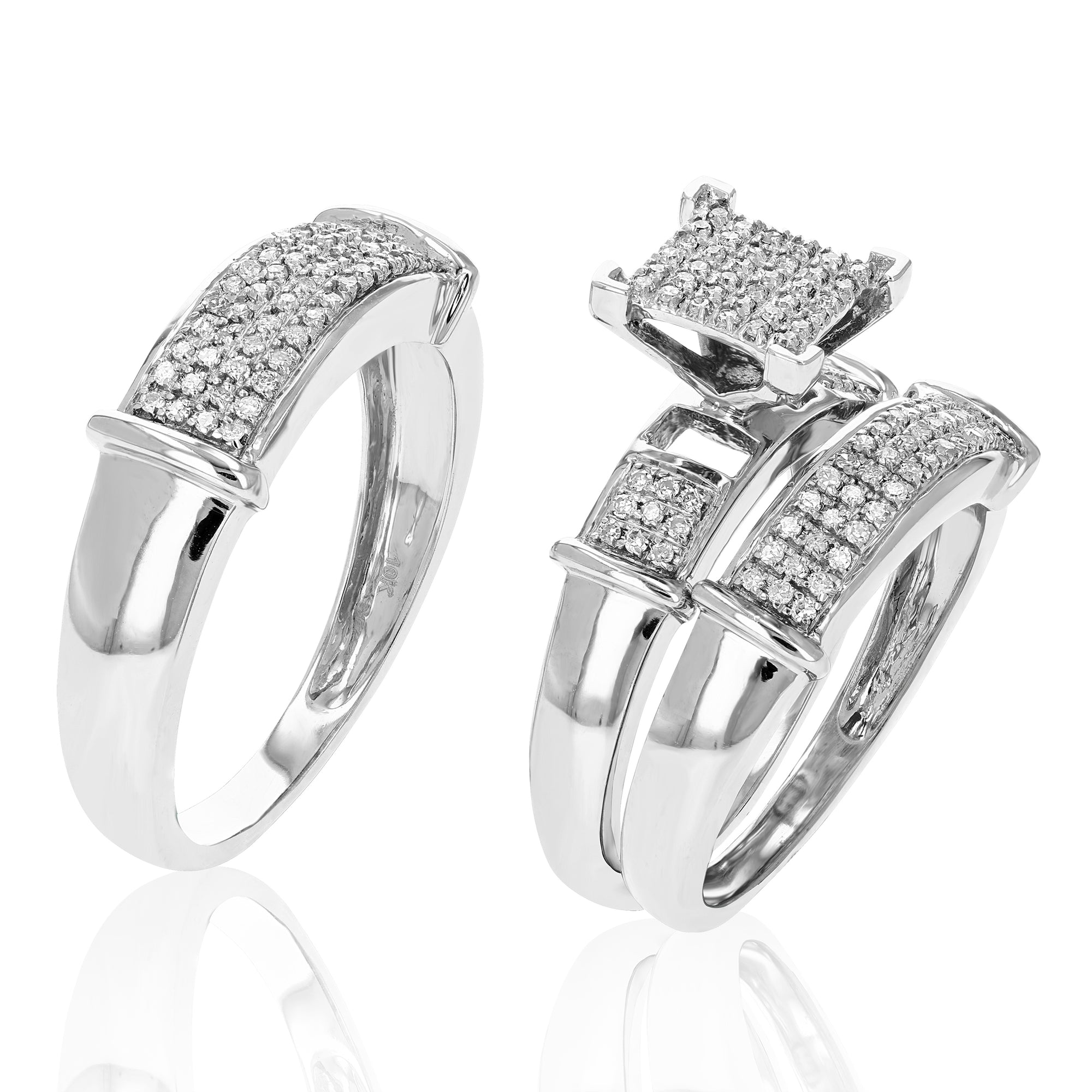 2/3 cttw Diamond Bridal Trio Ring Set 10K White Gold Men and Women's Wedding Ring