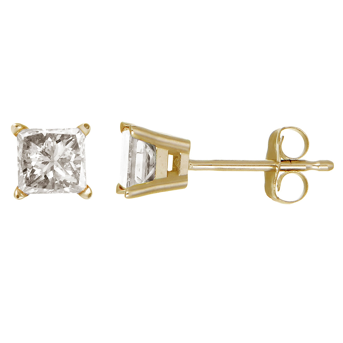 3/4 cttw Princess Cut Natural Diamond Stud Earrings In 14k Yellow Gold 4 Prong with Push Backs