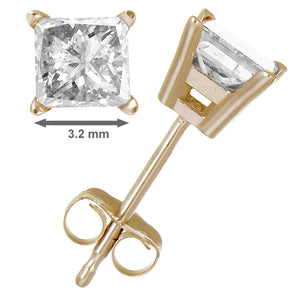 3/4 cttw Princess Cut Natural Diamond Stud Earrings In 14k Yellow Gold 4 Prong with Push Backs