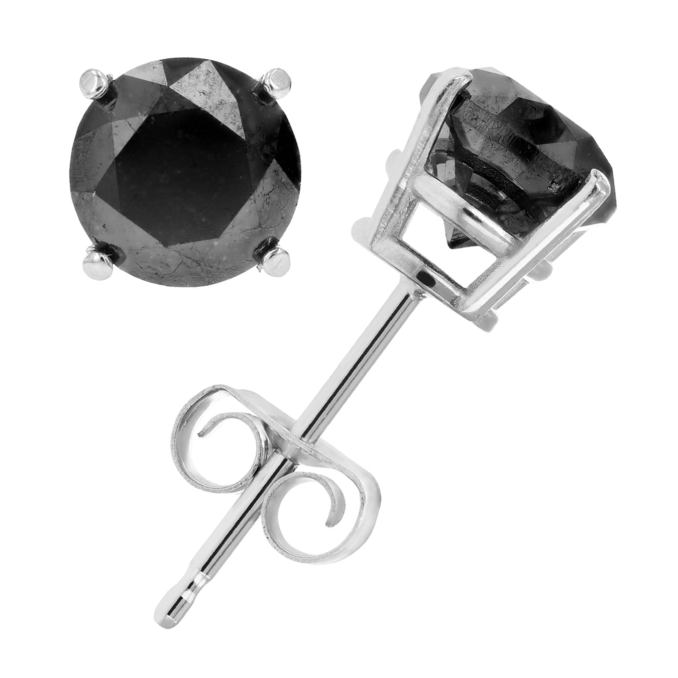 2 cttw Black Diamond Stud Earrings .925 Sterling Silver Round with Push Backs