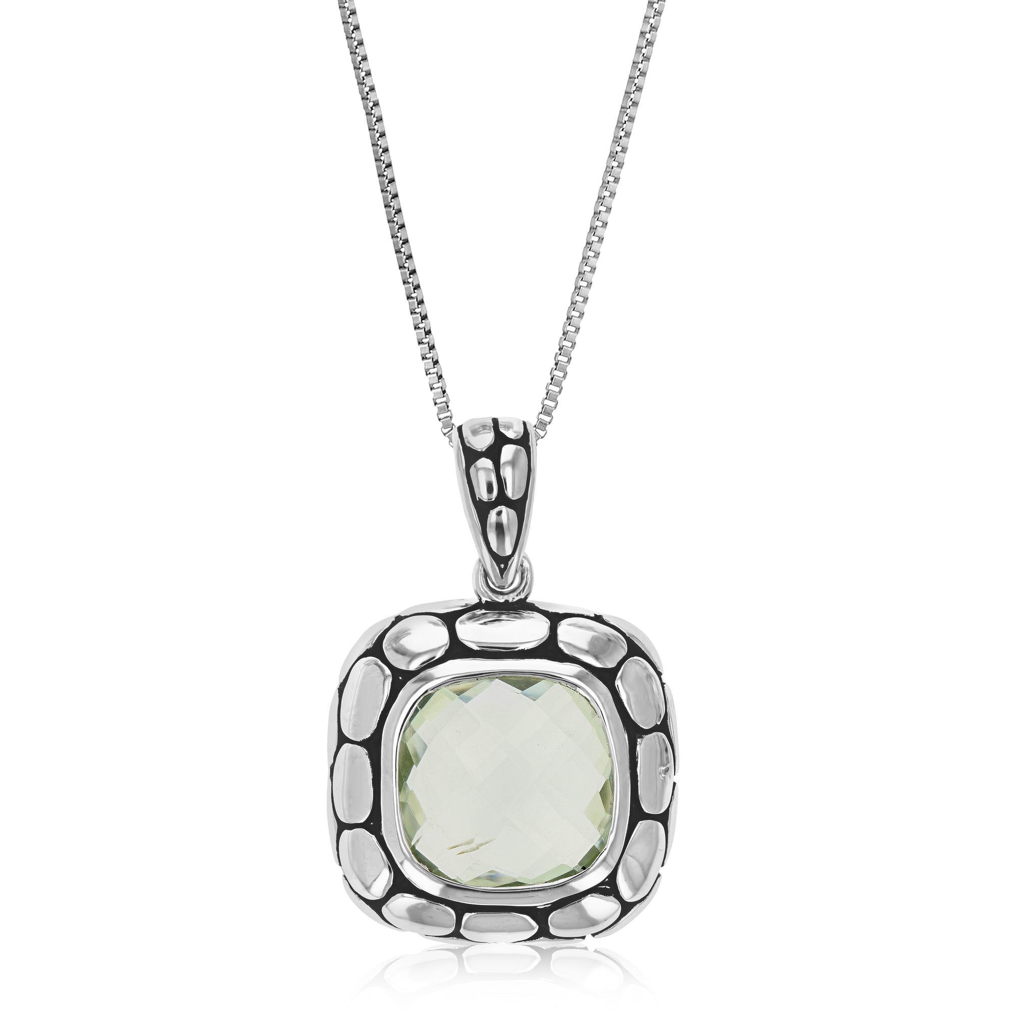 5 cttw Green Amethyst Pendant Necklace .925 Sterling Silver 12 MM Cushion Cut