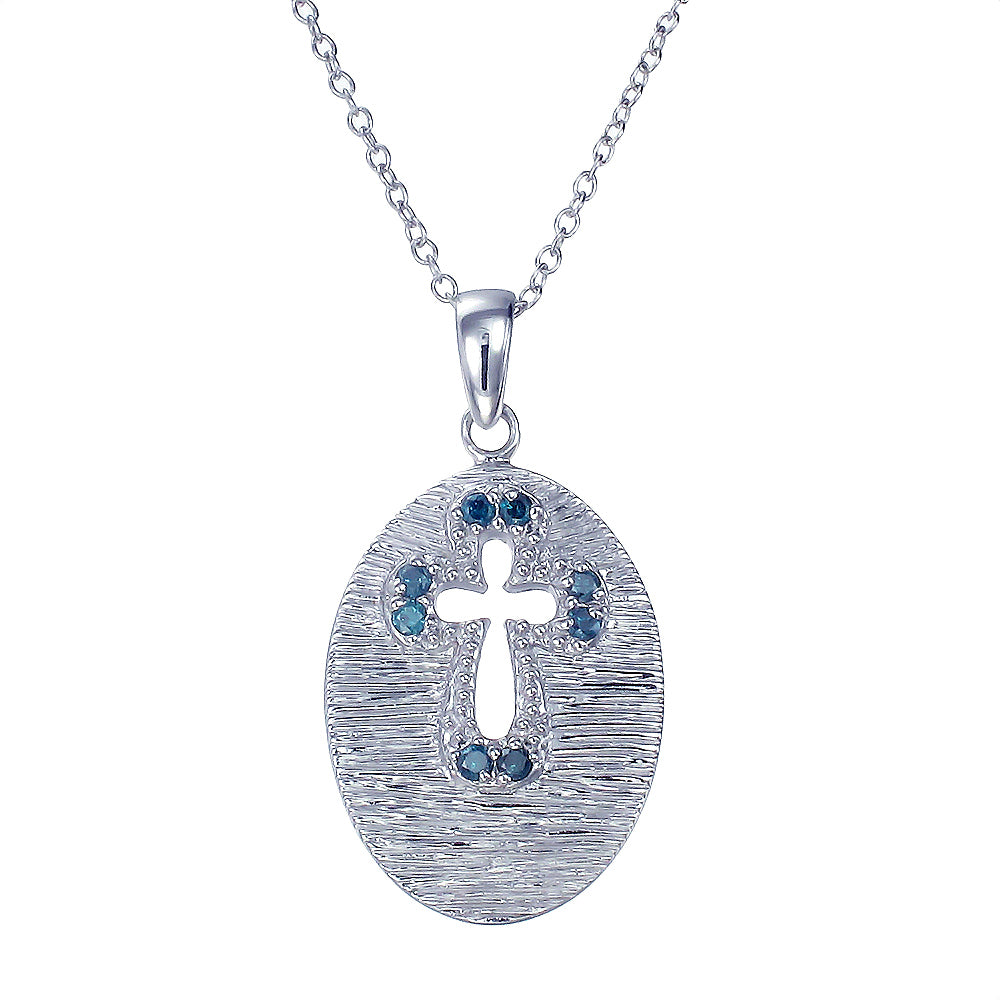 0.15 cttw Blue Diamond Cross Pendant Necklace .925 Sterling Silver with Chain