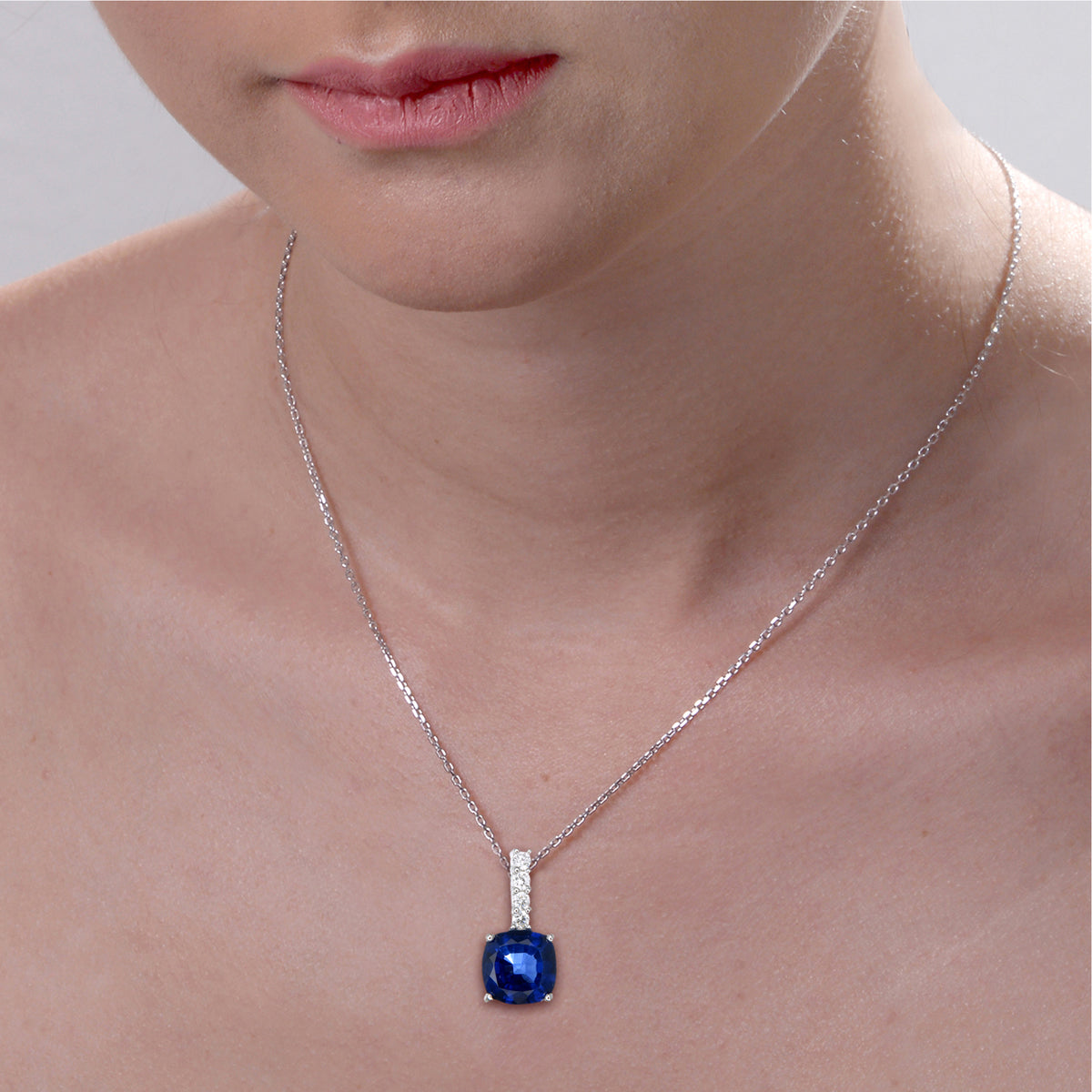 2.10 cttw Created Sapphire Pendant Necklace .925 Sterling Silver 8 MM Cushion