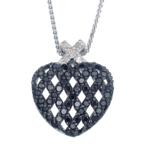 0.85 cttw Black and White Diamond Heart Pendant .925 Sterling Silver With Chain