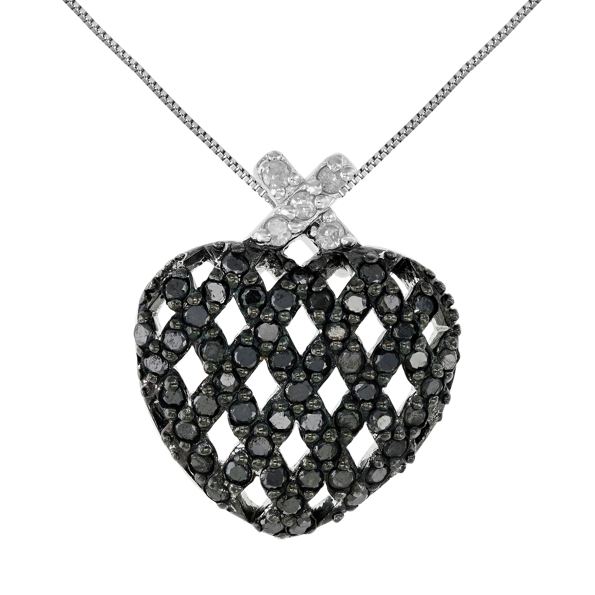 0.85 cttw Black and White Diamond Heart Pendant .925 Sterling Silver With Chain