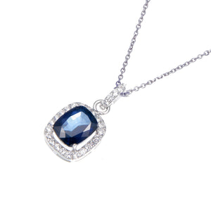3 cttw Created Blue Sapphire Pendant Necklace .925 Sterling Silver 10x8 Cushion