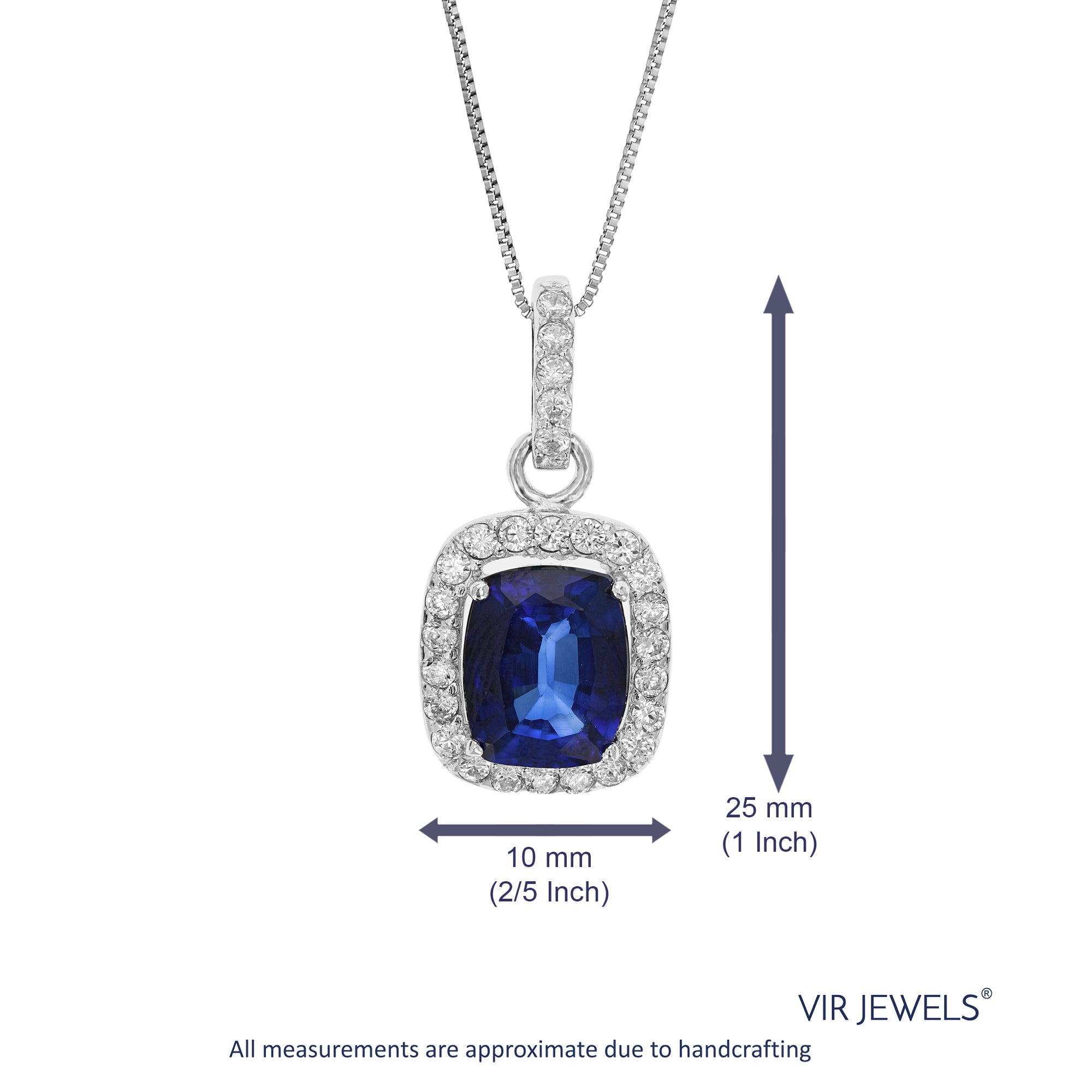 3 cttw Created Blue Sapphire Pendant Necklace .925 Sterling Silver 10x8 Cushion