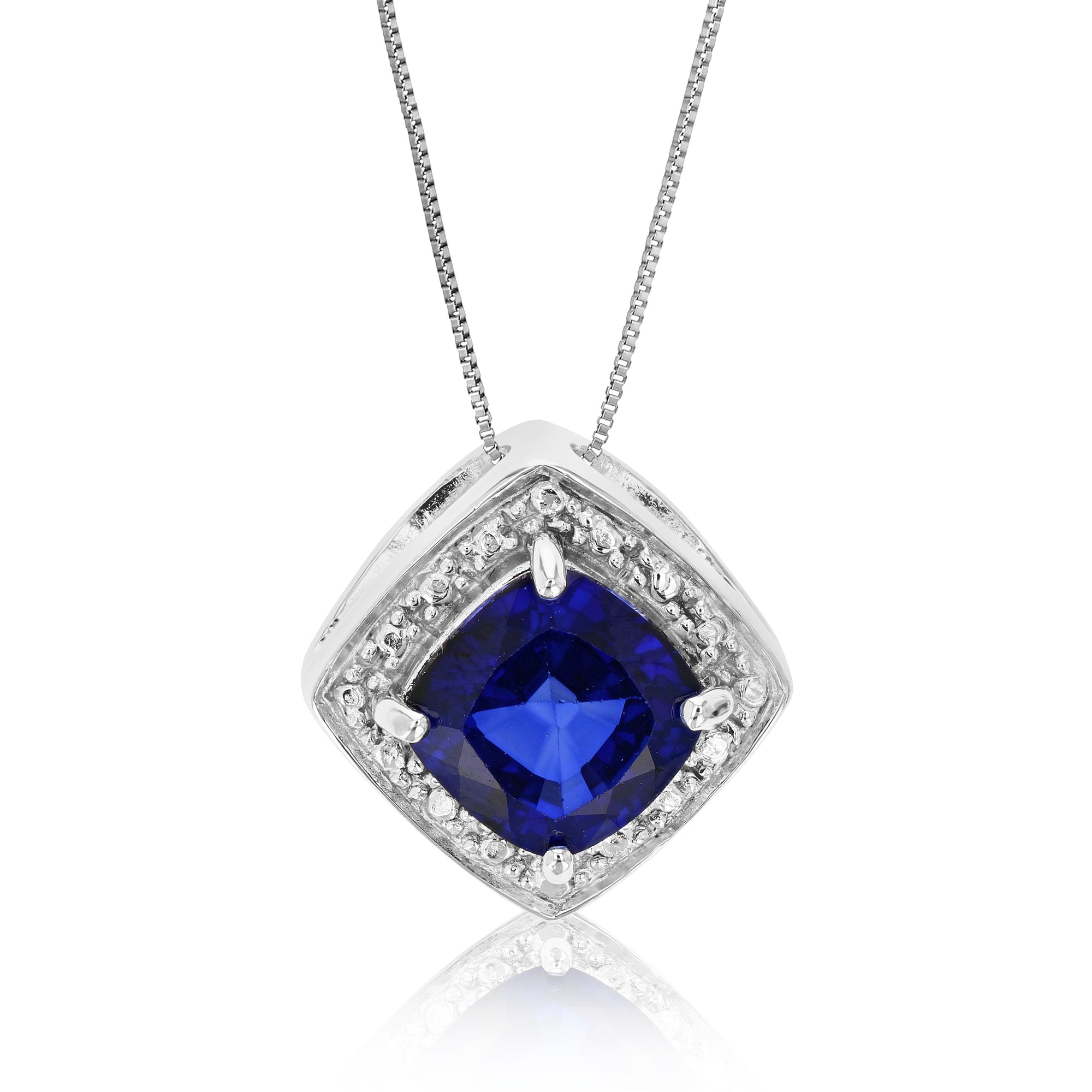 2.10 cttw Created Blue Sapphire Pendant .925 Sterling Silver 8 MM Cushion