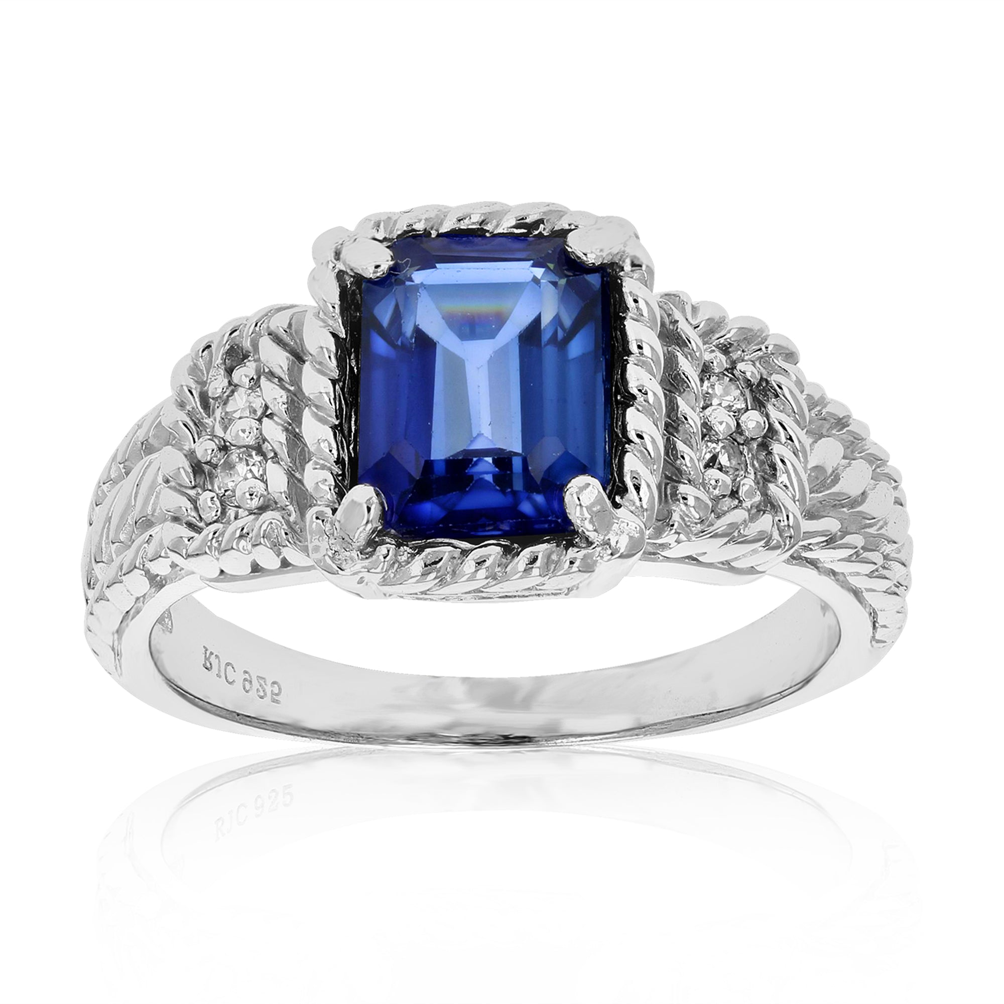 1 cttw Created Blue Sapphire Ring Emerald Cut .925 Sterling Silver Ring Size 7