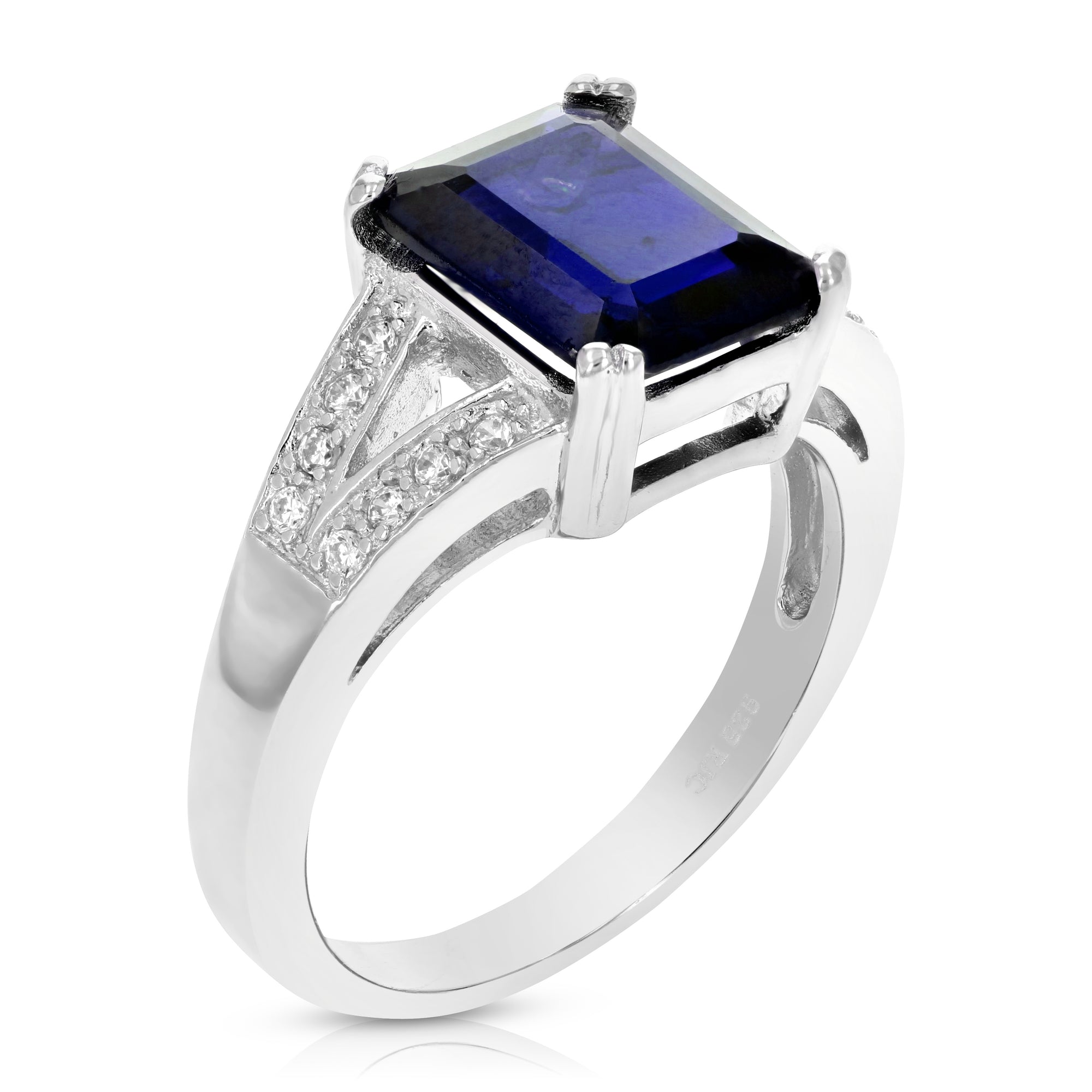 4.25 cttw Created Blue Sapphire Ring .925 Sterling Silver Emerald Shape 11x9 MM Size 7